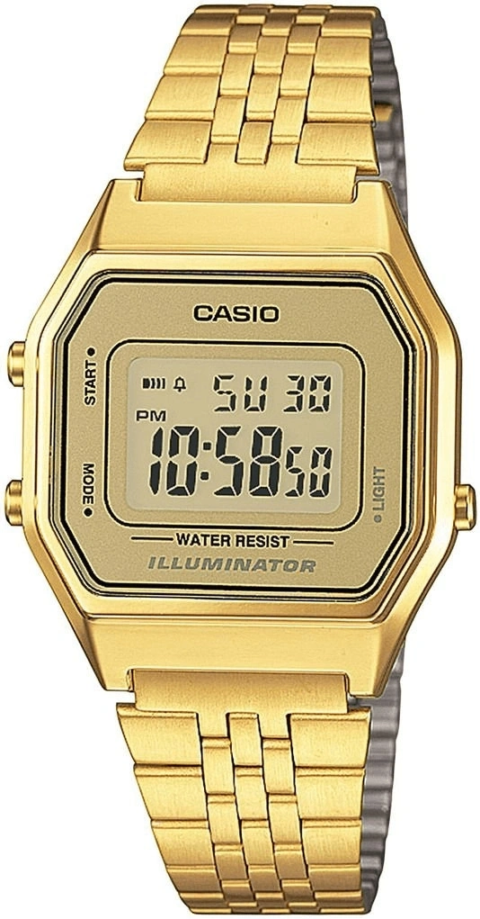 Goldene Casio-Uhr mit digitaler Anzeige, Wasserdicht und Beleuchtung, Armbanduhr