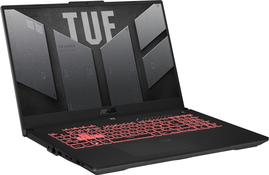 ASUS TUF Gaming Laptop, schwarzes Gehäuse, rote Tastaturbeleuchtung, geöffnet