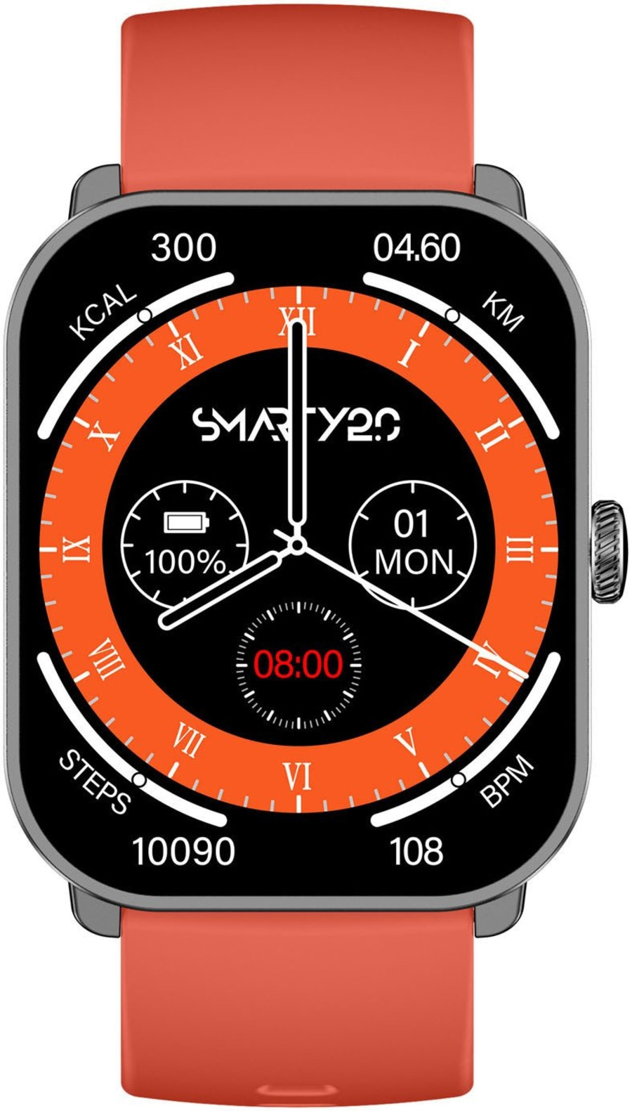 Smartwatch mit orangenem Zifferblatt, Armband und digitalen Anzeigen