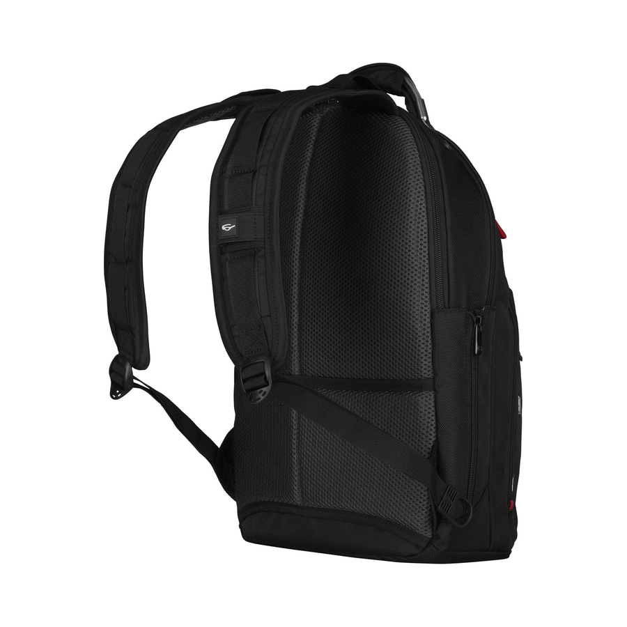 Schwarzer Rucksack mit gepolstertem Rücken und Schultergurten, seitlicher Reißverschluss, Logo