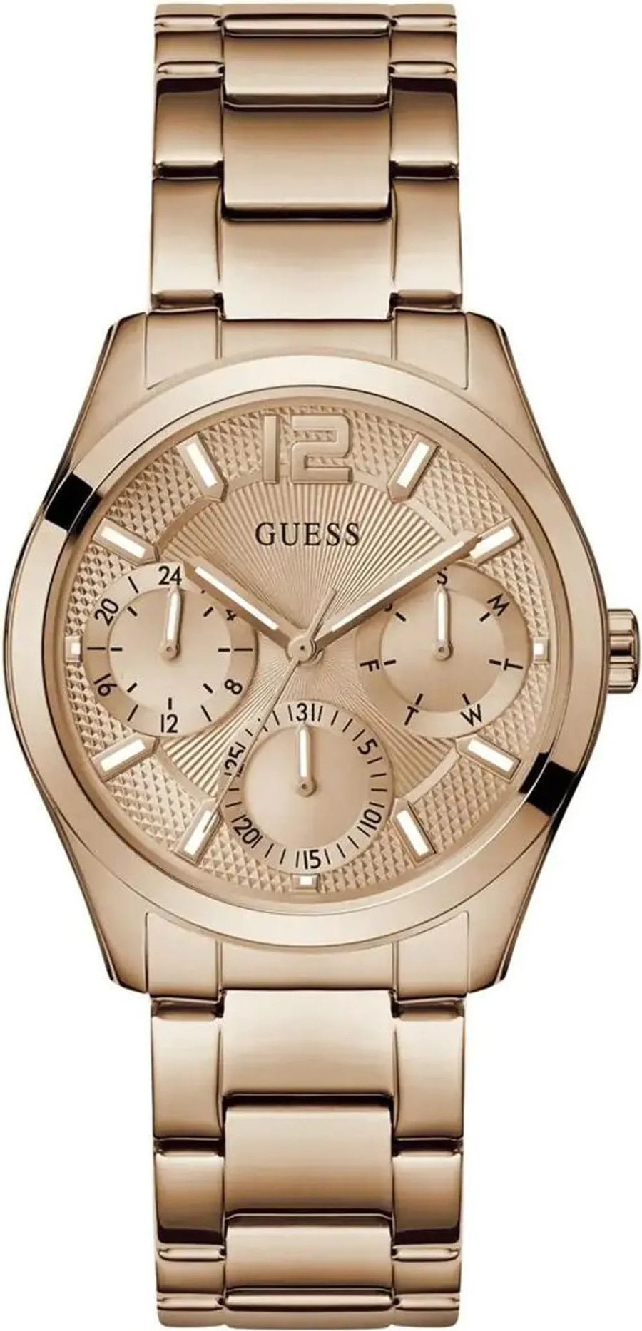 Eine roségoldene Guess-Armbanduhr mit mehreren Zifferblättern und silbernen Indexmarkierungen.