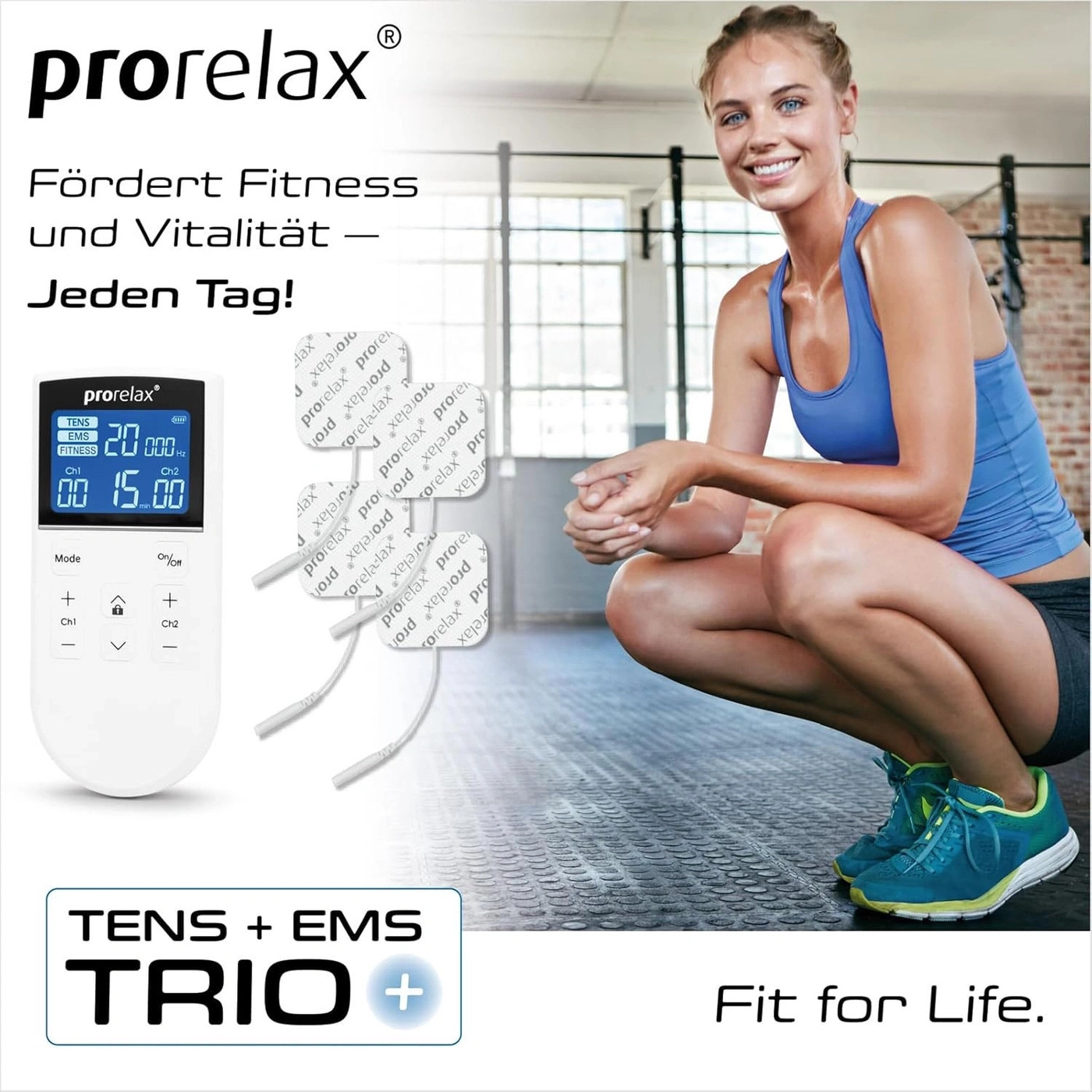 Werbung für ein Fitnessgerät mit einer Frau, die trainiert, und dem Slogan 'Fit for Life'.