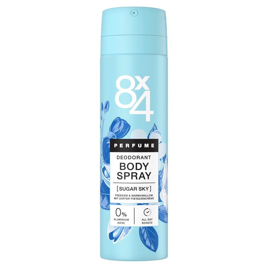 Ein türkisfarbener 8x4 Bodyspray mit dem Duft Sugar Sky.