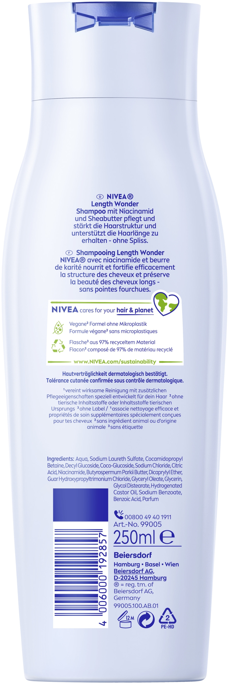 Eine Flasche NIVEA Shampoo mit Niacinamid und Sheabutter.