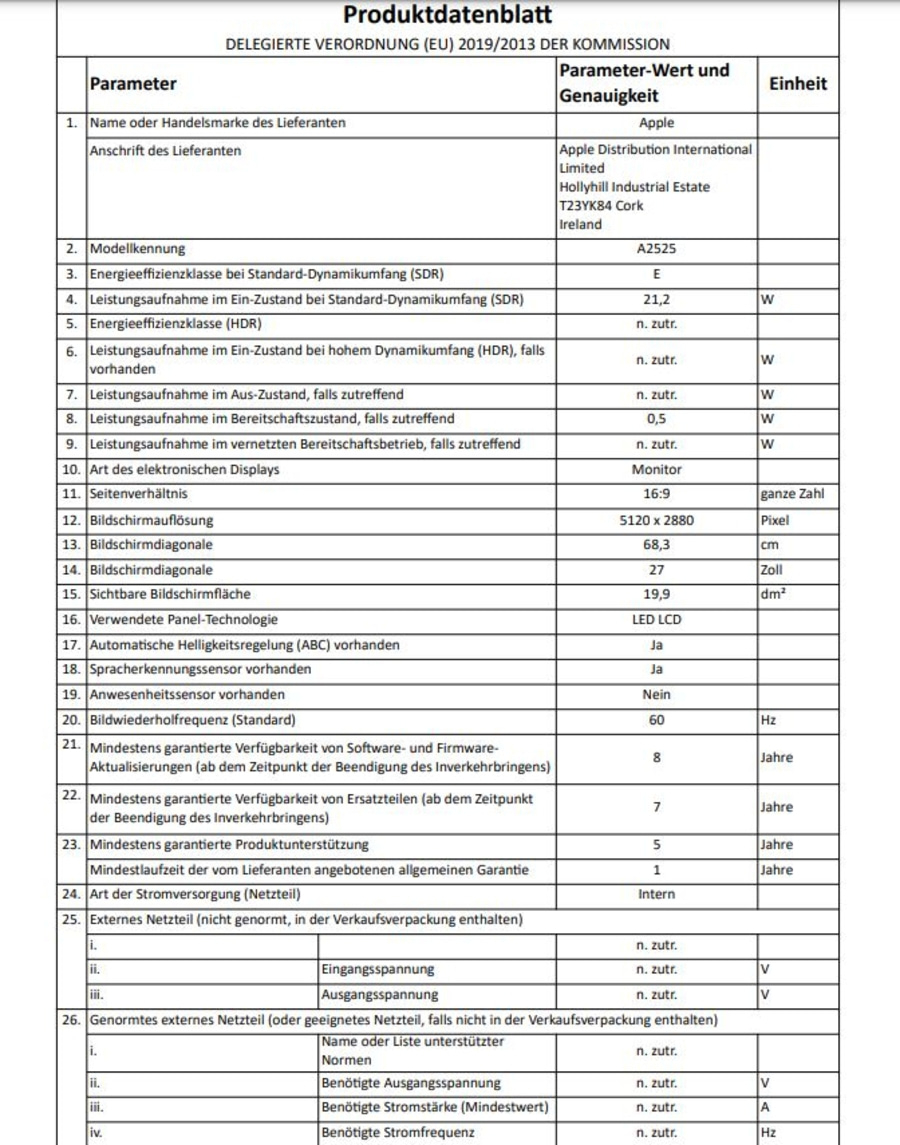 Produktdatenblatt mit Parametern, Werten, Einheiten und technischen Details.