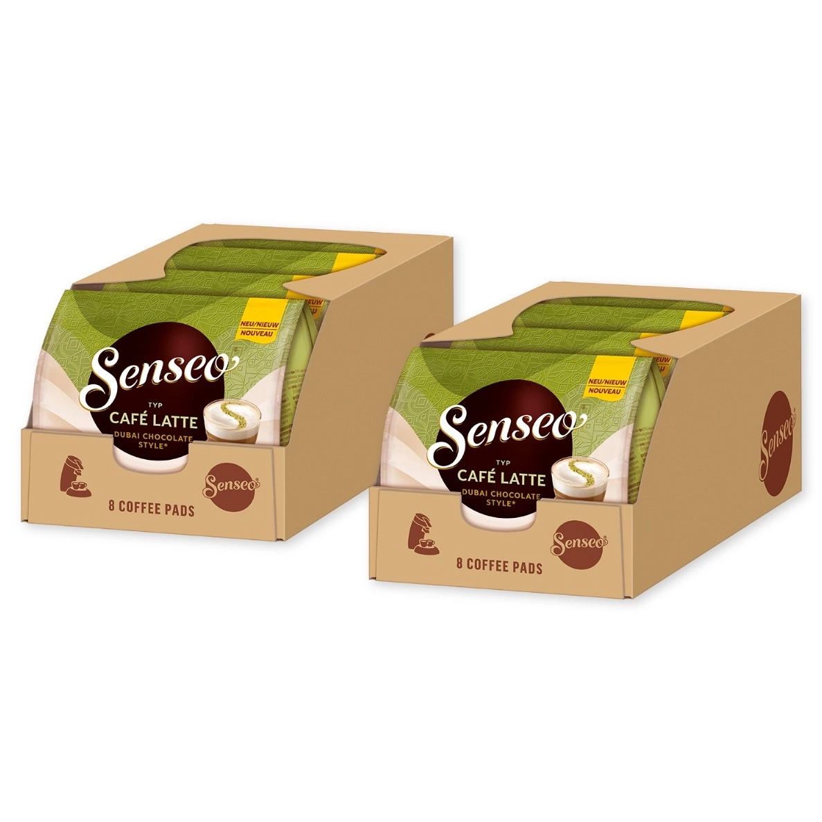 Zwei Kartons mit Senseo Kaffee-Pads, Typ Café Latte Dubai Chocolate Style.