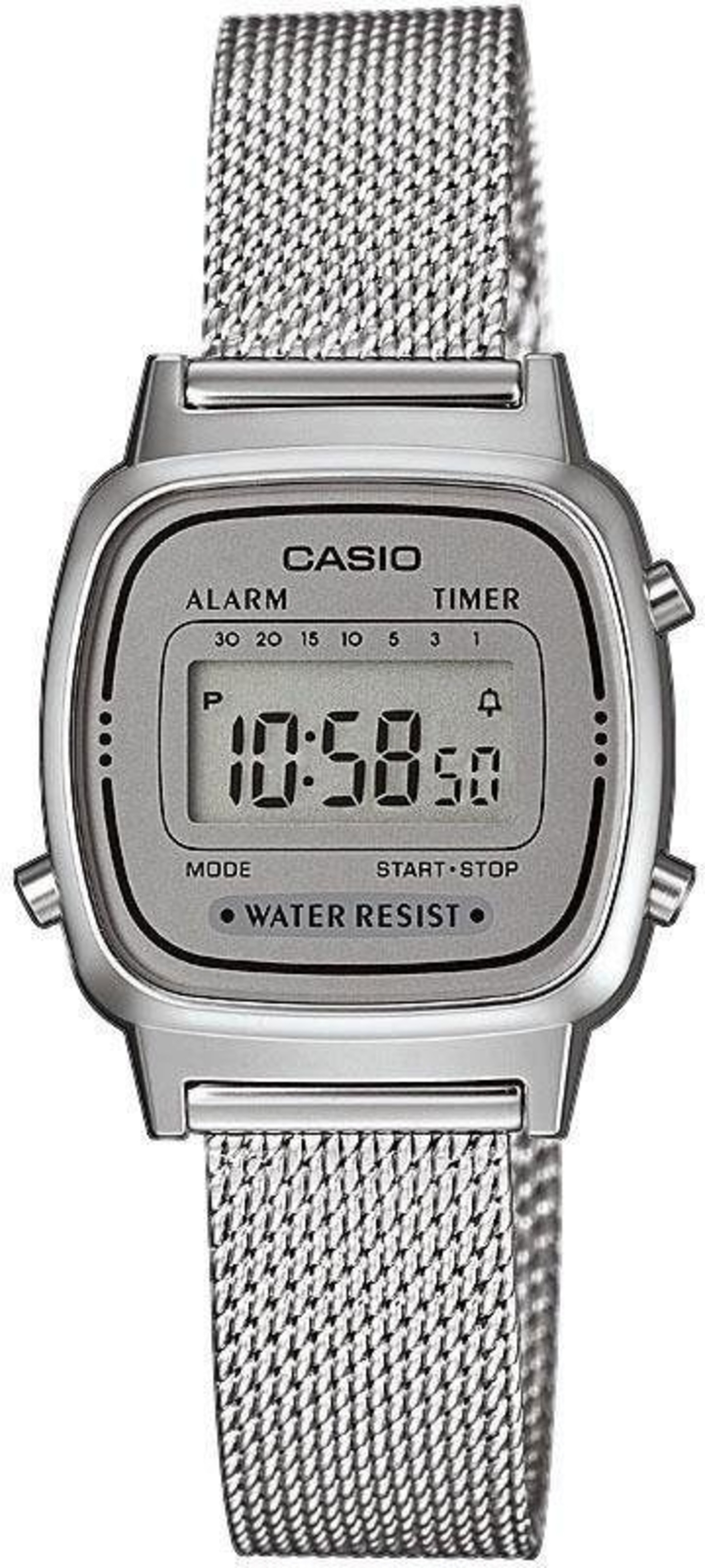 Eine silberne Casio-Digitaluhr mit einem Milanaise-Armband