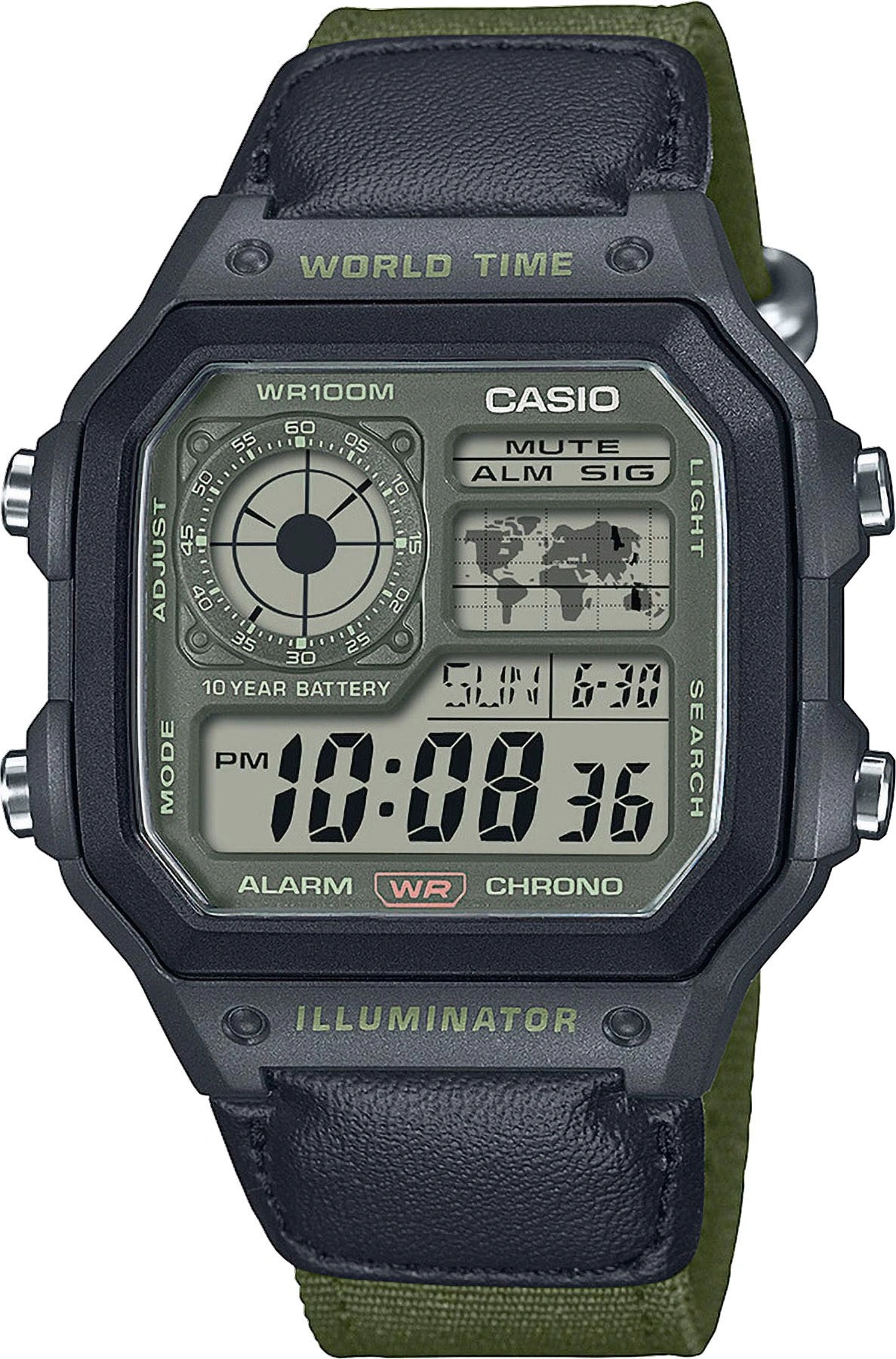 Eine digitale Casio-Armbanduhr mit schwarzem Lederband und grünem Stoff.