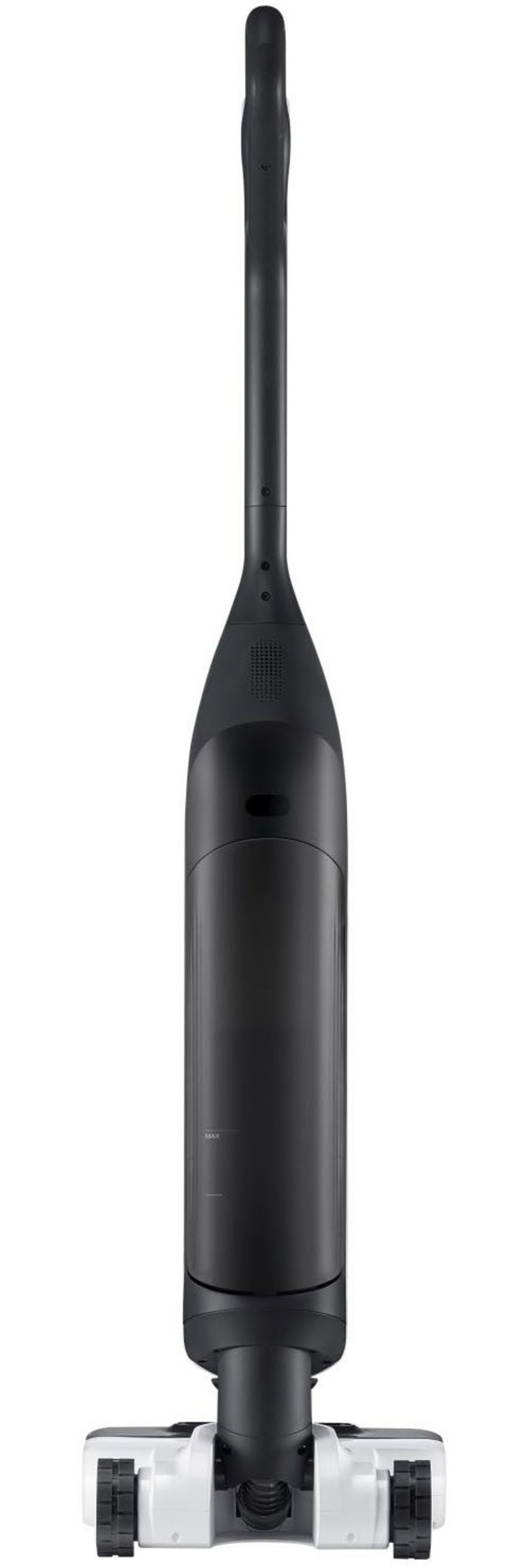 Schwarzer Staubsauger, der auf weißem Hintergrund steht. Modernes Design.