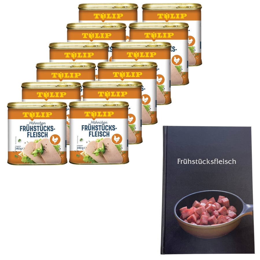Dosen mit Hähnchen-Frühstücksfleisch und einem Kochbuch mit dem Titel Frühstücksfleisch