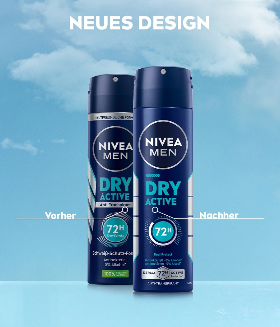 Nivea Men Dry Active Deo-Spray: Vorher-Nachher-Vergleich, neues Design, 72h Schutz.