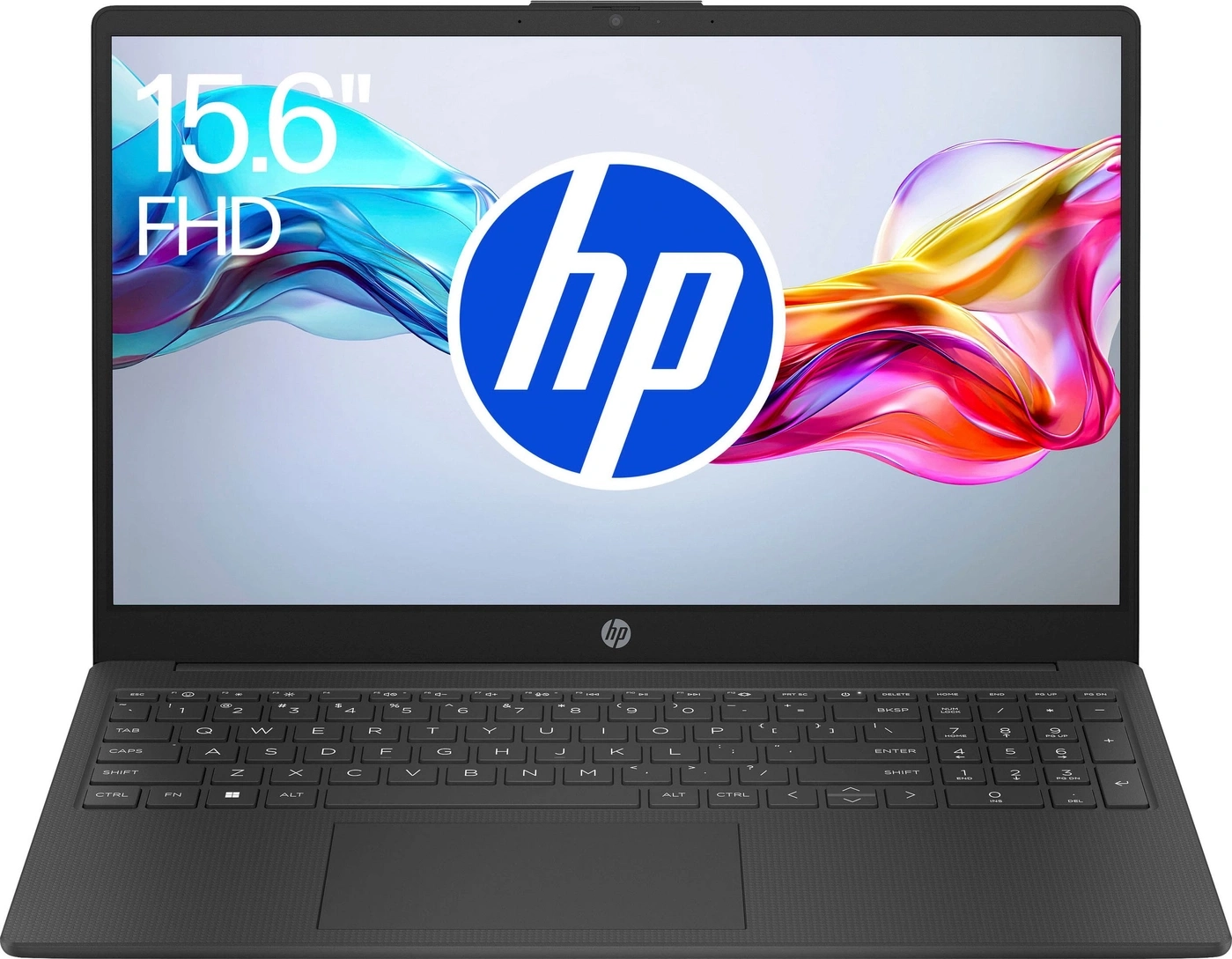 Ein schwarzer HP Laptop mit einem 15,6-Zoll-FHD-Display und dem HP-Logo.
