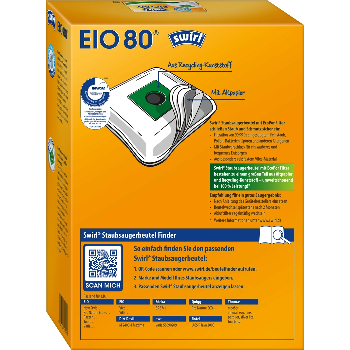 Swirl Staubsaugerbeutel Packung mit Informationen zu Filter, Recycling und Modellauswahl.