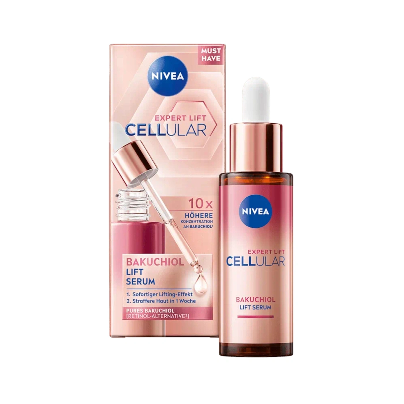 NIVEA Expert Lift Cellular Bakuchiol Lift Serum Flasche und Karton