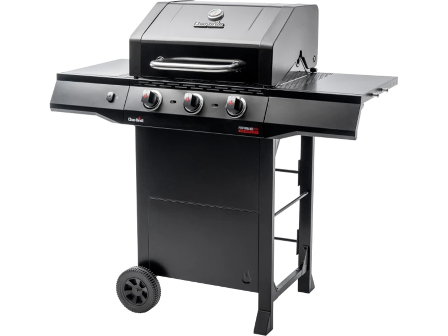 Schwarzer Grill mit Rädern und drei Knöpfen, Char-Broil Performance