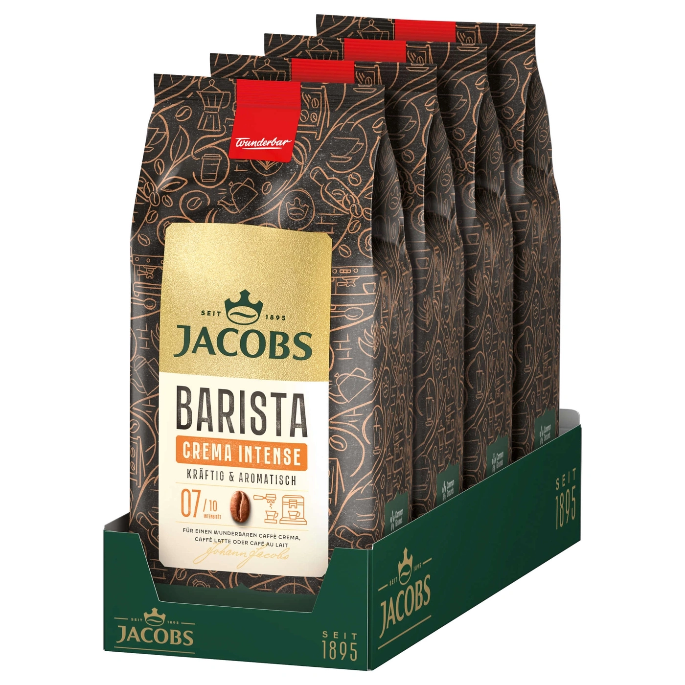 Fünf Packungen Jacobs Barista Crema Intense Kaffee in einem grünen Display.
