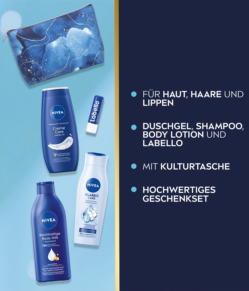 Nivea Geschenkset mit Kosmetiktasche, Duschgel, Bodylotion und Labello.