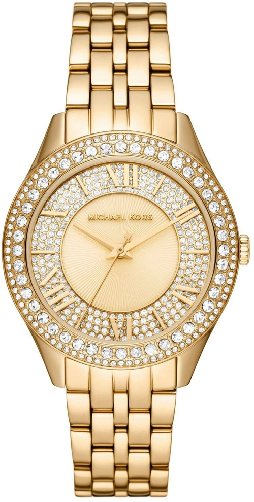 Goldene Michael Kors Uhr mit Diamanten, luxuriös und elegant.