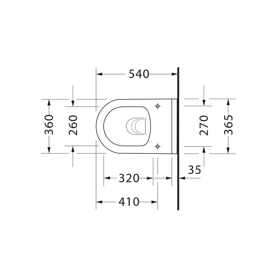 Draufsicht einer Toilette mit Maßangaben in Millimetern