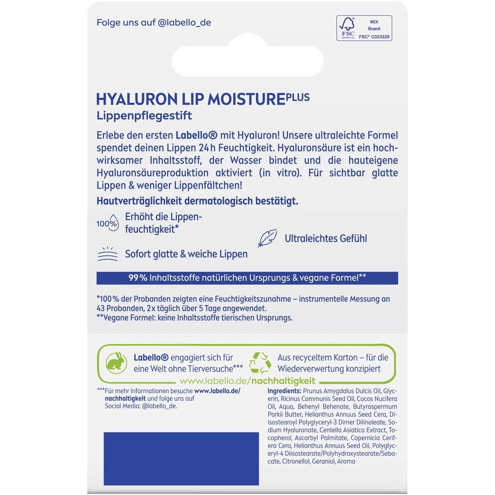 Labello Lippenpflegestift mit Hyaluron, ultraleichte Formel, 24h Feuchtigkeit, glatte Lippen, vegan