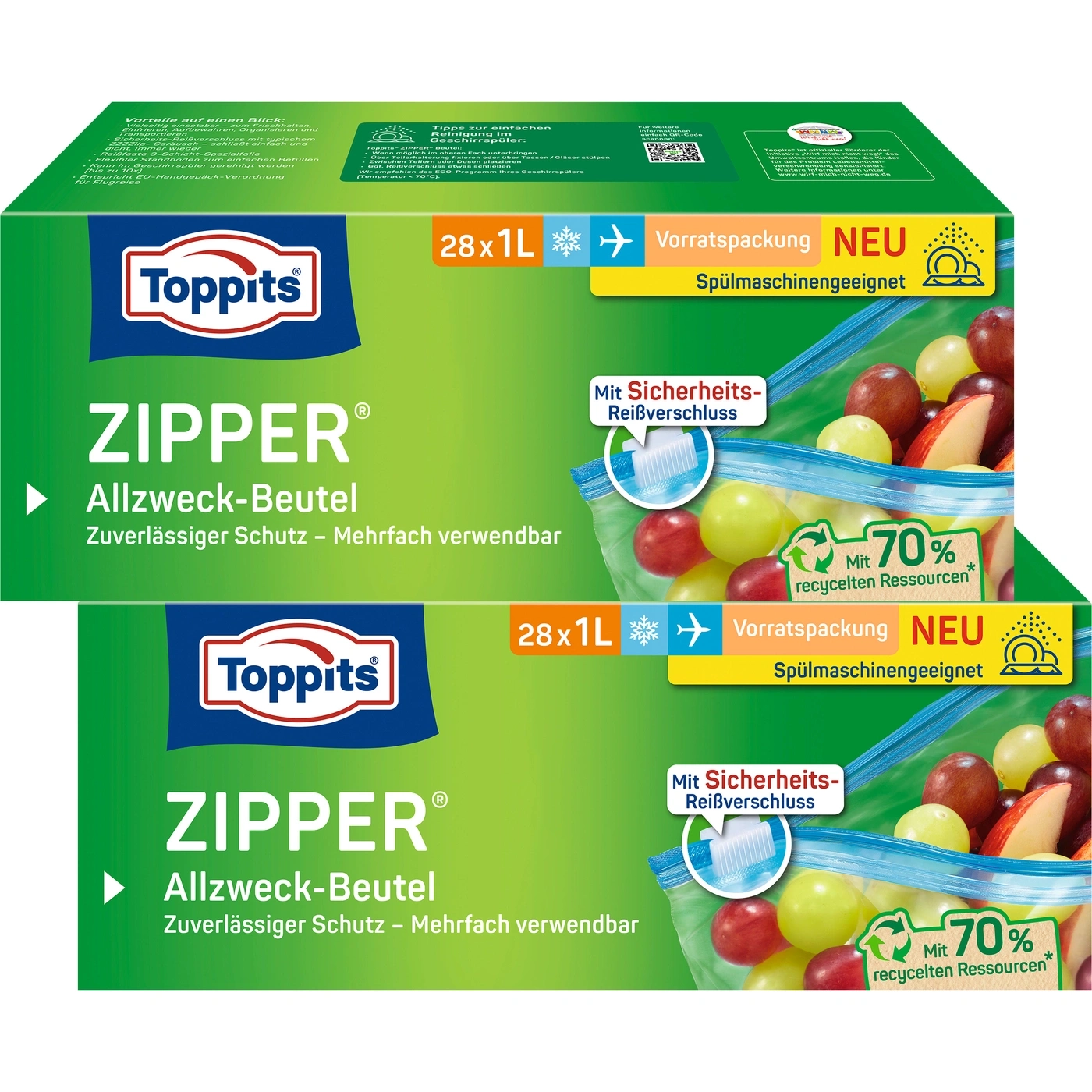 Toppits ZIPPER Allzweck-Beutel, 28x1L, Vorratspackung, spülmaschinengeeignet, mit Sicherheits-Reißverschluss