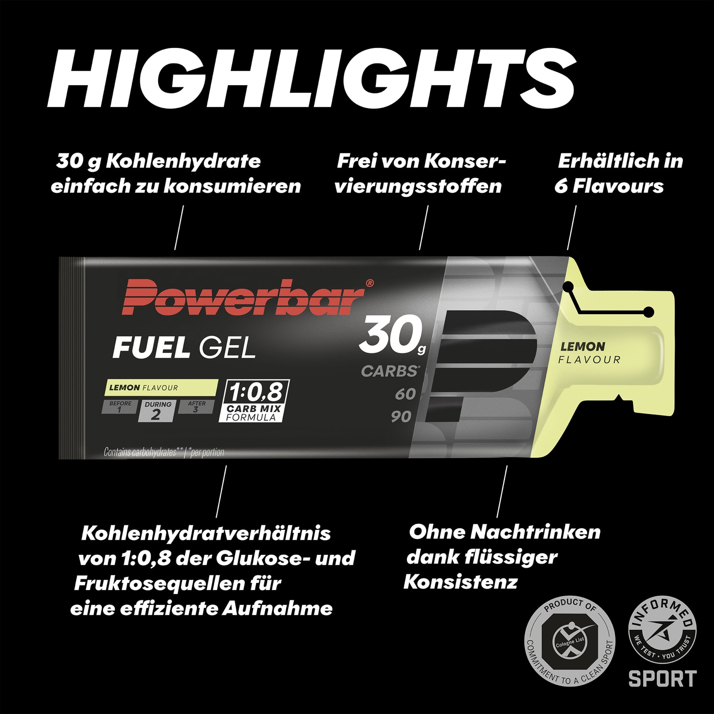 POWERBAR Kohlenhydratgel Fuel 30 Gel Black Line Lemon 30 g Kohlenhydrate 12x50ml