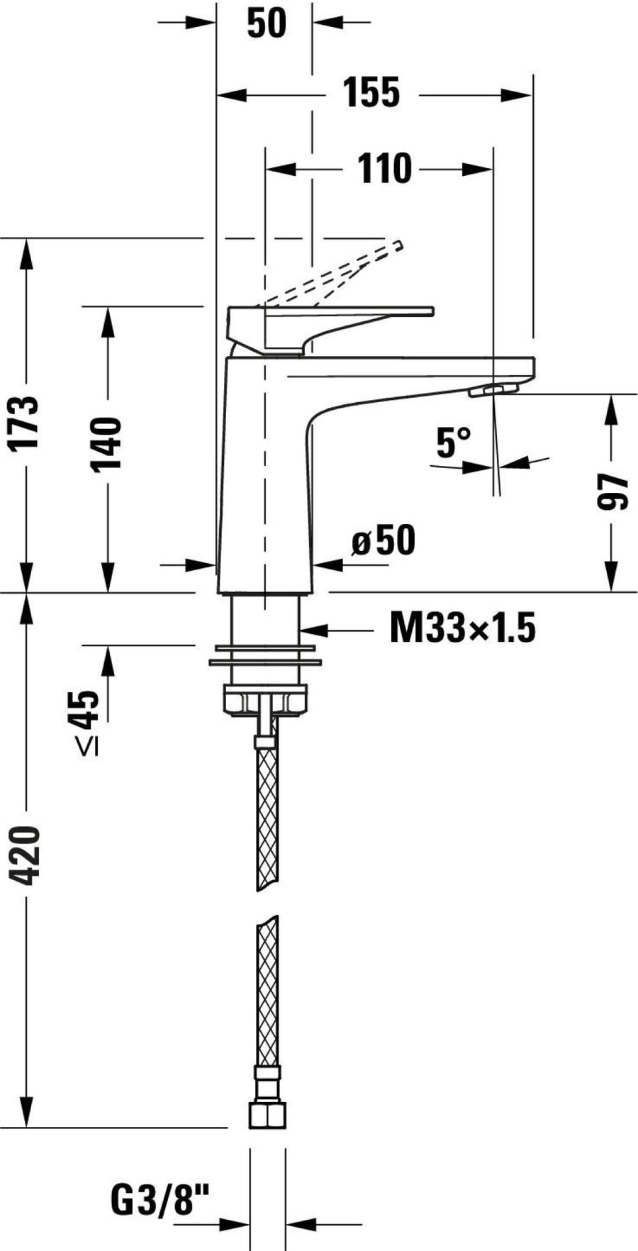 Technische Zeichnung eines Wasserhahns mit Maßangaben, einschließlich Durchmesser und Winkel.