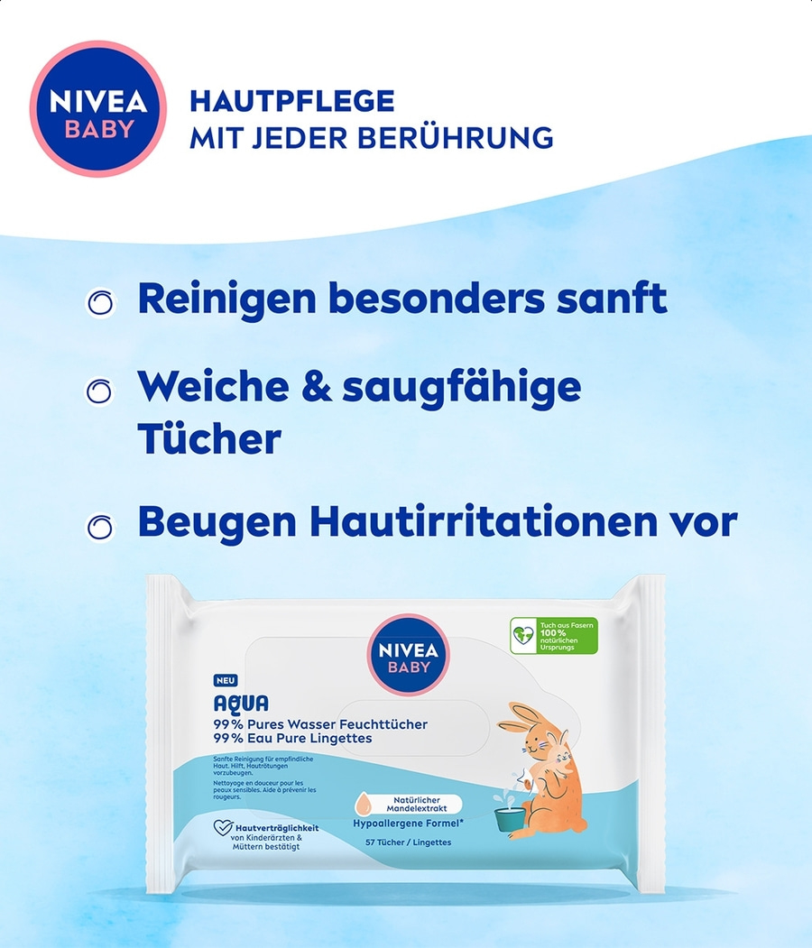 NIVEA Baby Aqua Feuchttücher 2 x 228 Stück Weiches & saugfähiges Tuch