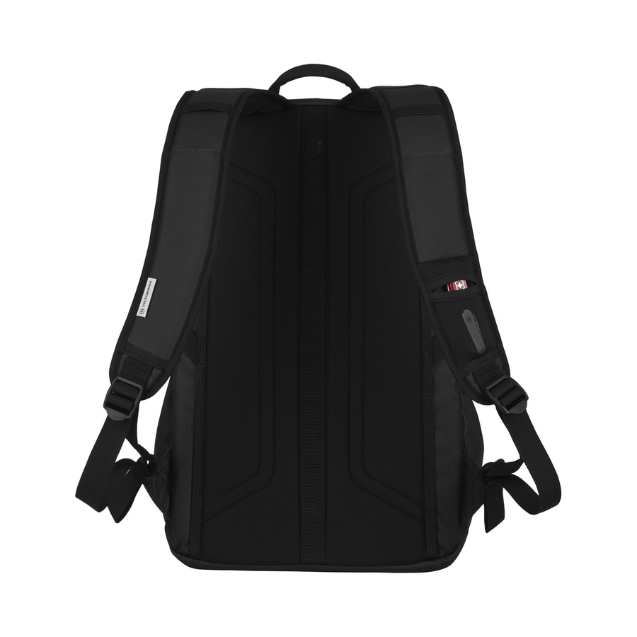 Schwarzer Rucksack mit Schultergurten und Griff, Victorinox-Logo.
