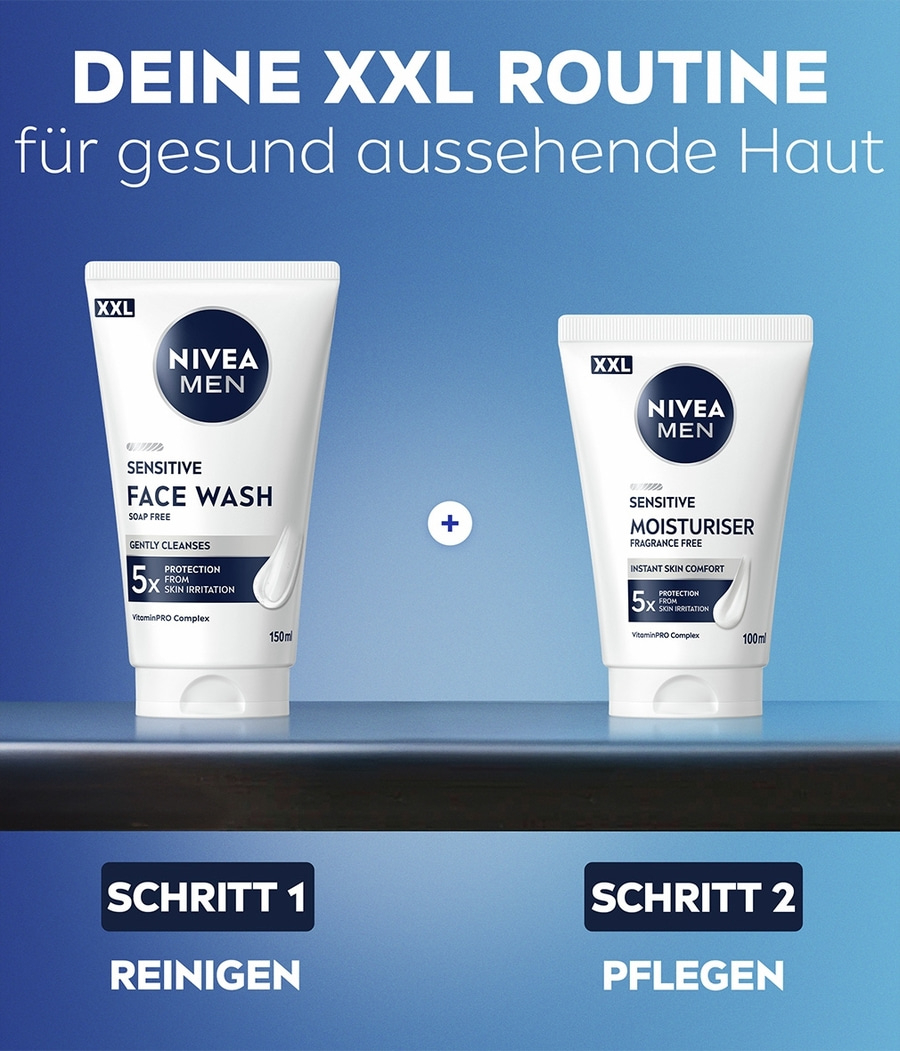 Nivea Men Sensitive XXL Routine: Gesichtswaschgel und Feuchtigkeitscreme für gesunde Haut.