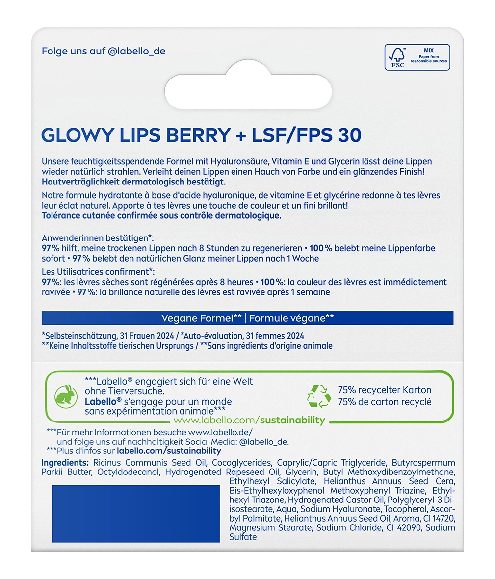 Die Originalverpackung von Labello mit GLOWY LIPS BERRY + LSF/FPS 30