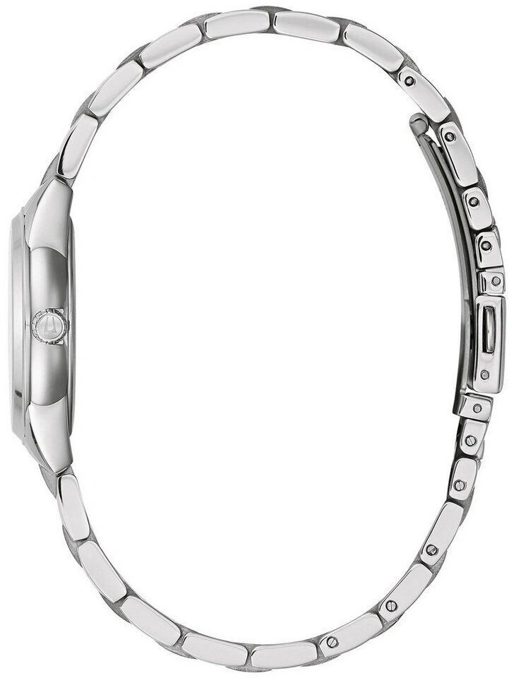 Silberne Armbanduhr, Seitenansicht, Detail des Armbands und Gehäuses, elegant