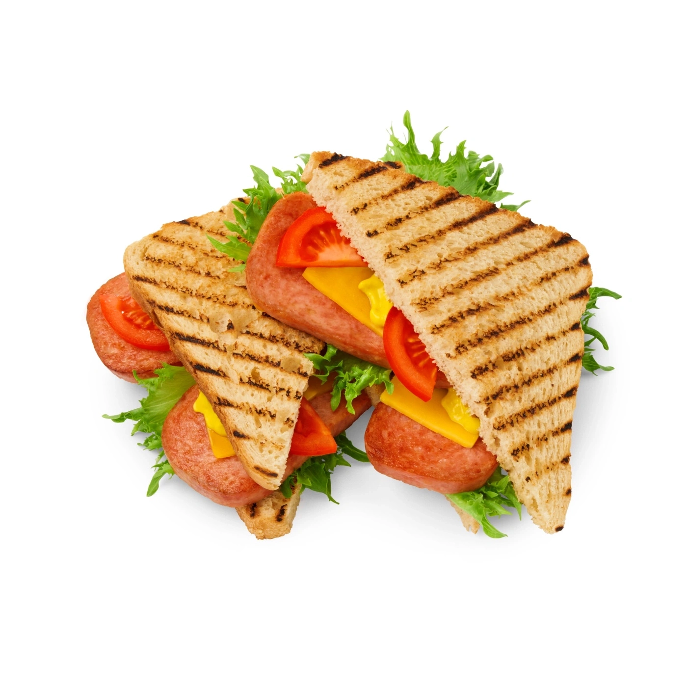Zwei gegrillte Sandwiches mit Wurst, Käse, Tomaten und Salat.