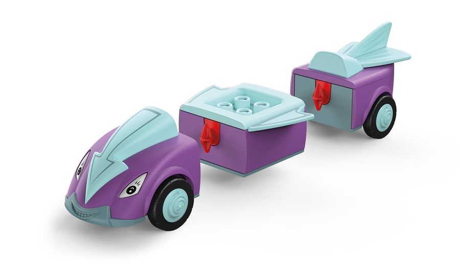 Lila Spielzeugauto mit Anhängern, hellblau, Räder, Spielzeug, Kinder