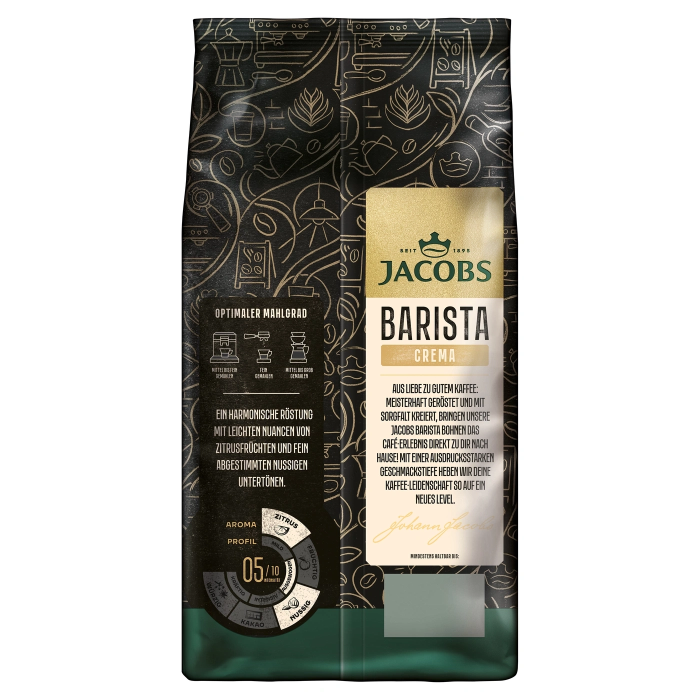 Kaffeepackung mit "Jacobs Barista Crema" und Mahlgradinformationen