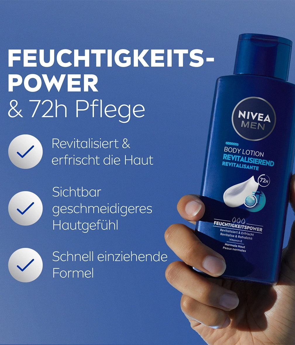Nivea Men Body Lotion. Feuchtigkeitspflege, revitalisiert die Haut, 72h Pflege.
