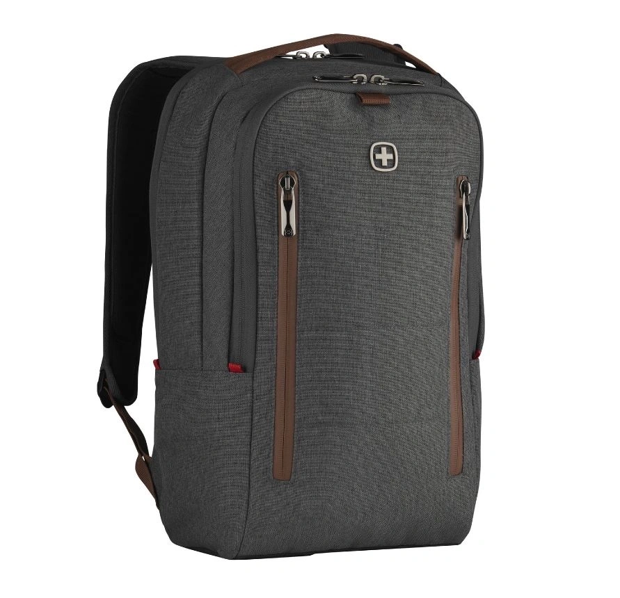 Grauer Rucksack mit braunen Akzenten und einem weißen Kreuz auf der Vorderseite.