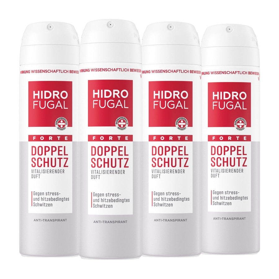 Vier Hidro Fugal Forte Doppel Schutz Deos mit vitalisierendem Duft gegen Schwitzen.
