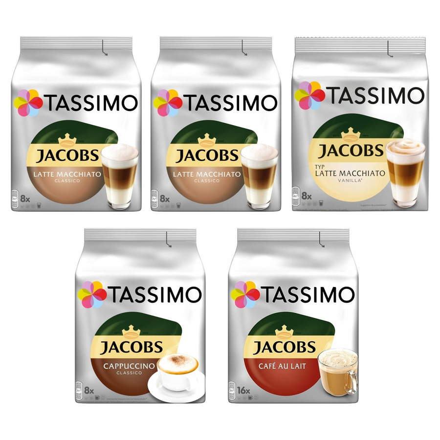 Tassimo Jacobs Kaffeeprodukte: Latte Macchiato, Cappuccino, Café au Lait, Vanilla.