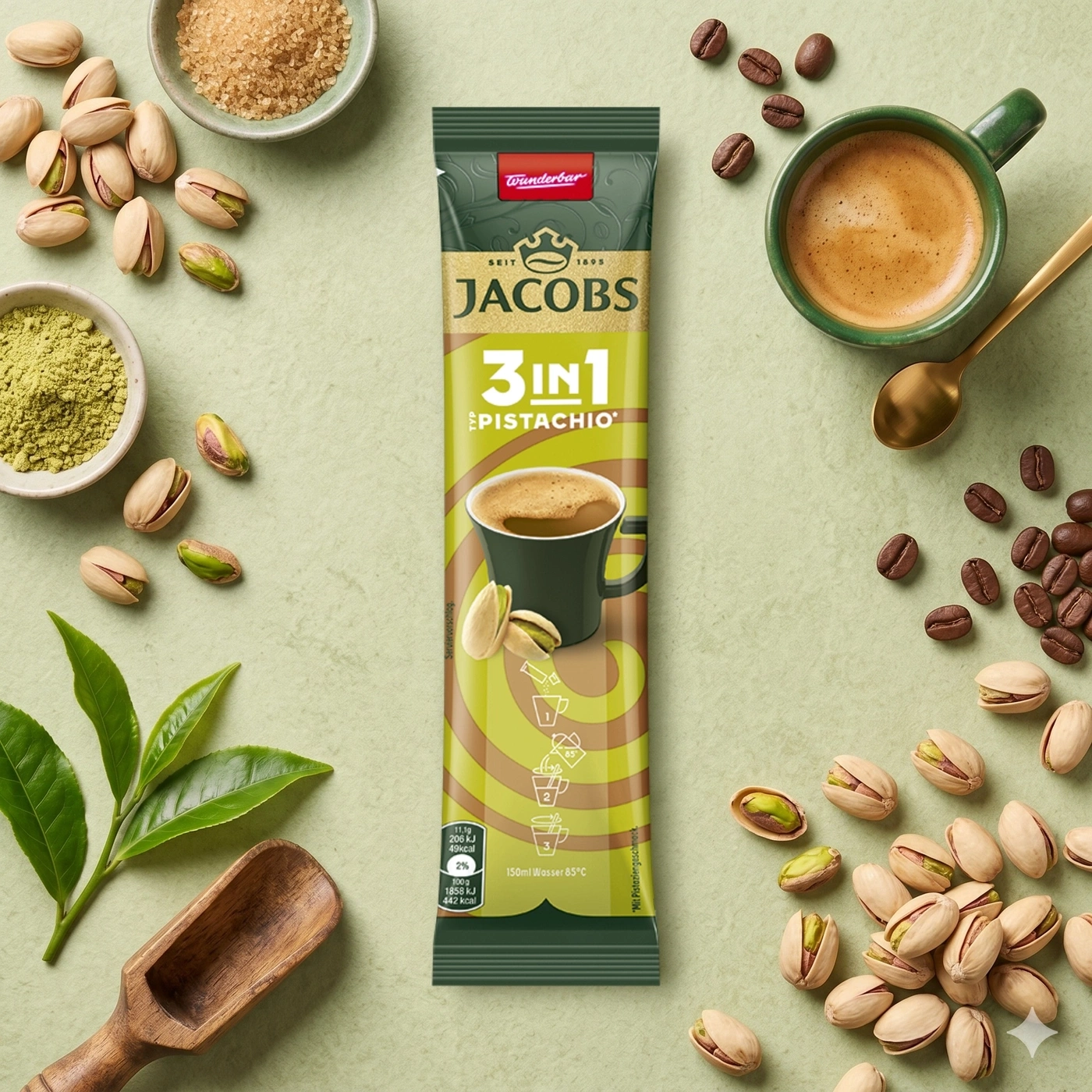 Jacobs 3in1 Pistachio coffee packaging with pistachios, coffee beans and tea leaves