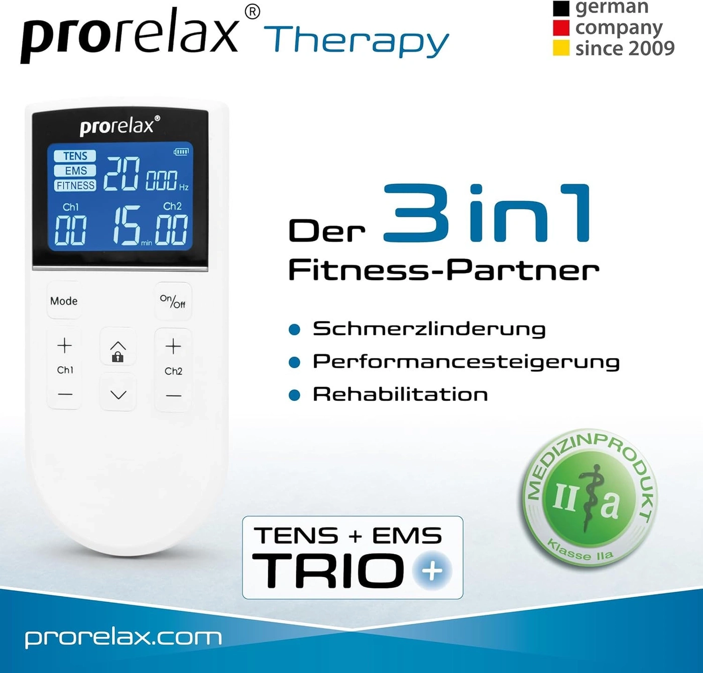 Prorelax Therapy Gerät mit Funktionen für Schmerzlinderung, Performance und Rehabilitation.