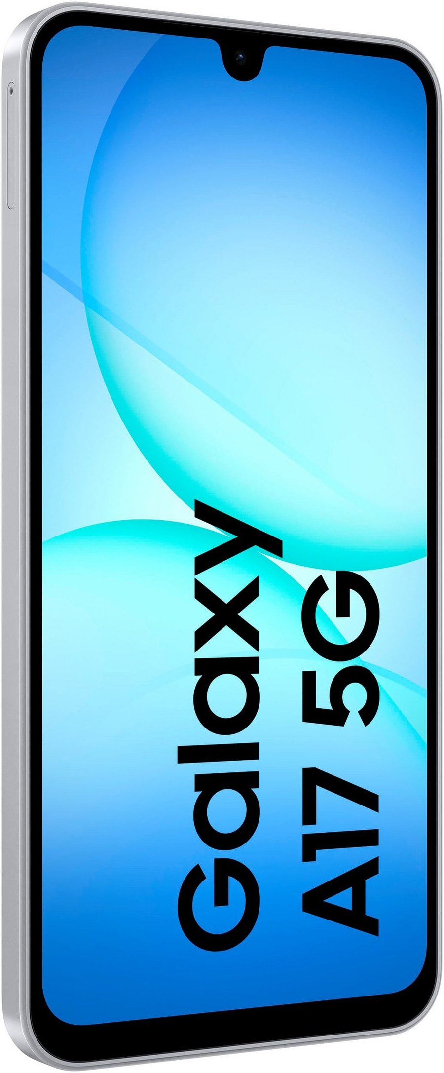 Ein Samsung Galaxy A17 5G Smartphone mit silbernem Rahmen und blauem Hintergrund.