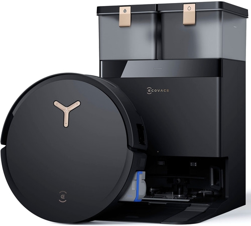 Schwarzer Roboter-Staubsauger mit Ladestation, ECOVACS-Logo, modernes Design, Reinigungstechnologie.