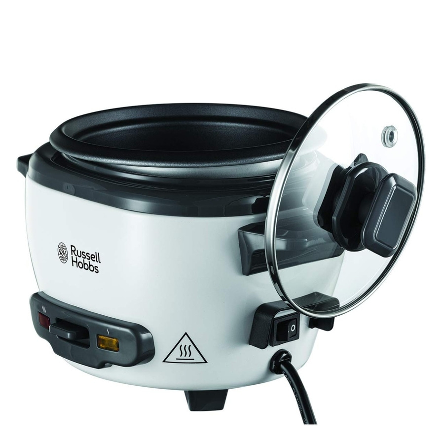 Russell Hobbs Reiskocher mit Glasdeckel und Schalter auf weißem Hintergrund