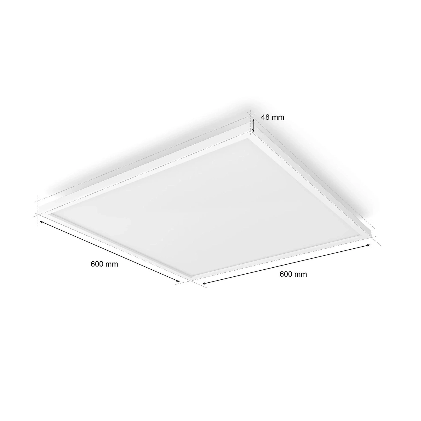 Ein quadratisches LED-Panel mit den Maßen 600 mm x 600 mm und einer Dicke von 48 mm.
