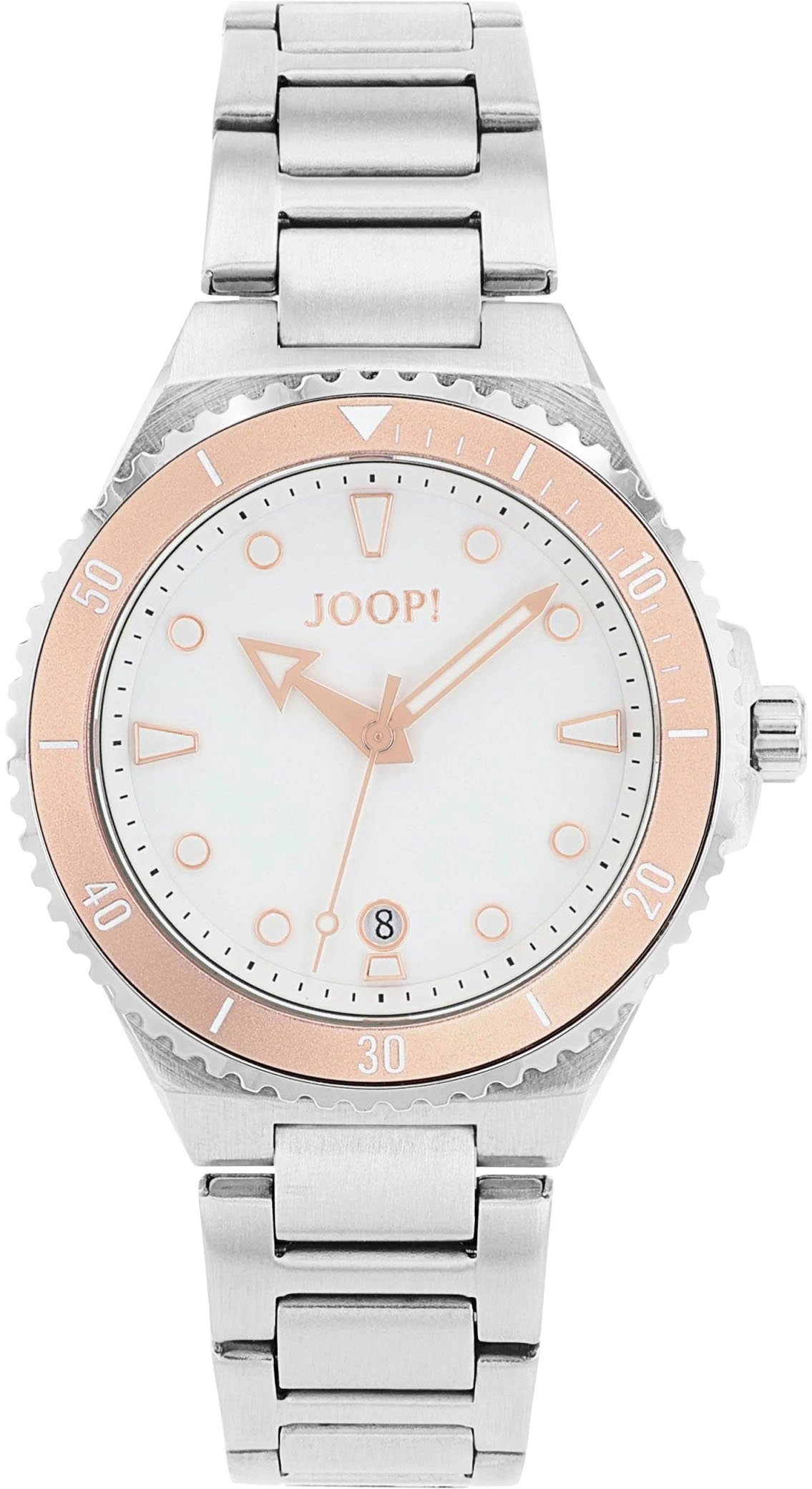 Eine silberne JOOP! Uhr mit roséfarbenem Zifferblatt und Datumsanzeige.