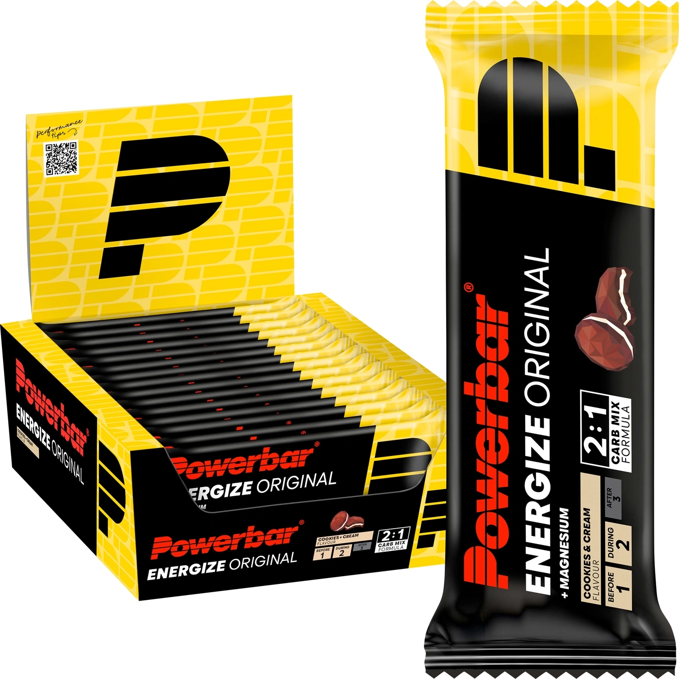 Eine Schachtel Powerbar Energize Original Riegel in Kekse und Creme