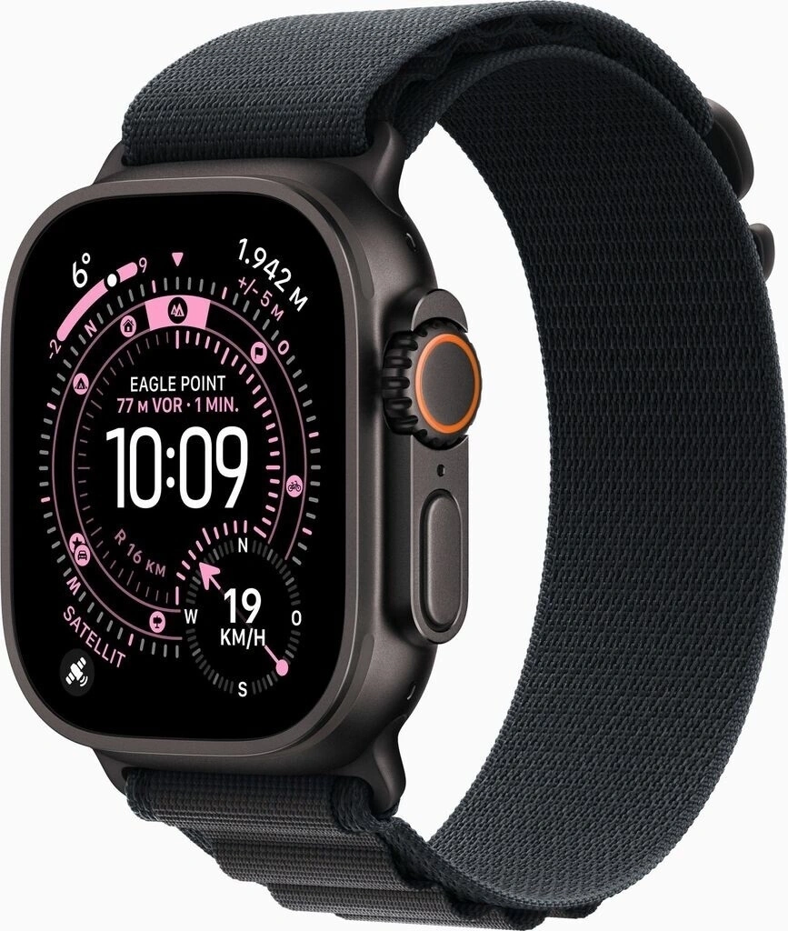 Eine dunkle Smartwatch mit schwarzem Armband und detailliertem Zifferblatt