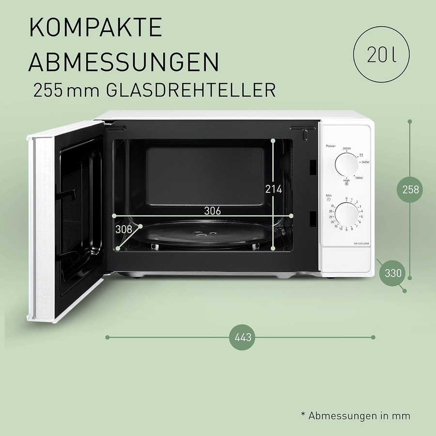 Eine weiße Mikrowelle mit geöffneter Tür und Abmessungen in Millimetern