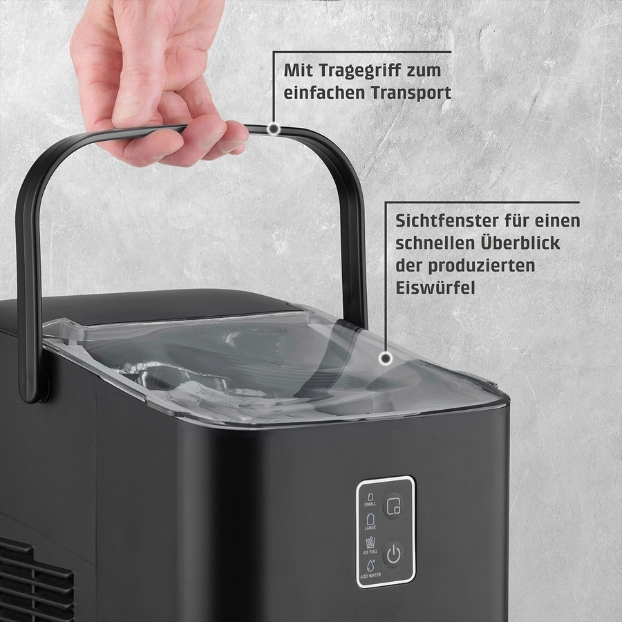 Schwarzer Eiswürfelbereiter mit Tragegriff und Sichtfenster